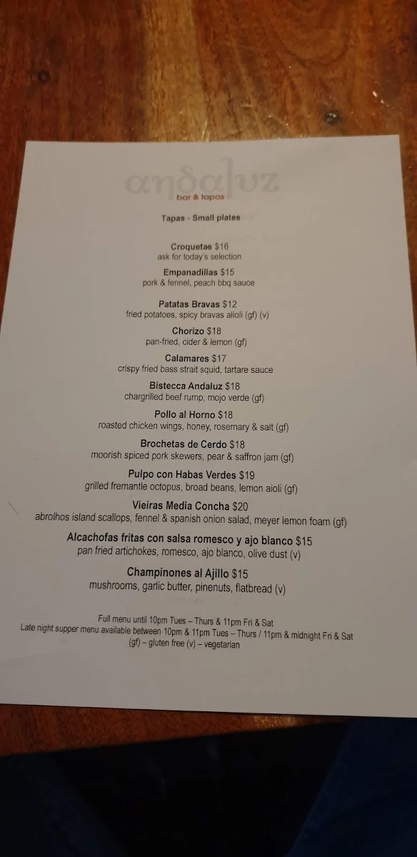 Menu, Andaluz Bar & Tapas
