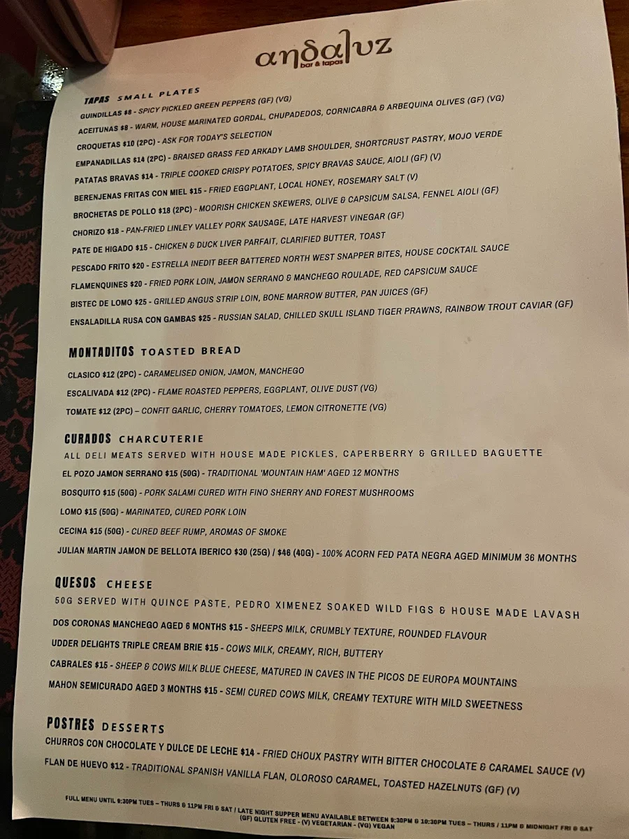 Menu, Andaluz Bar & Tapas