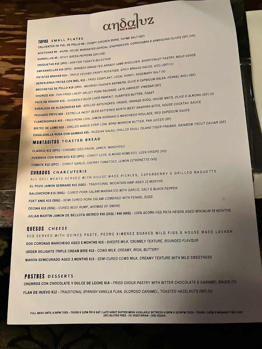 Menu, Andaluz Bar & Tapas