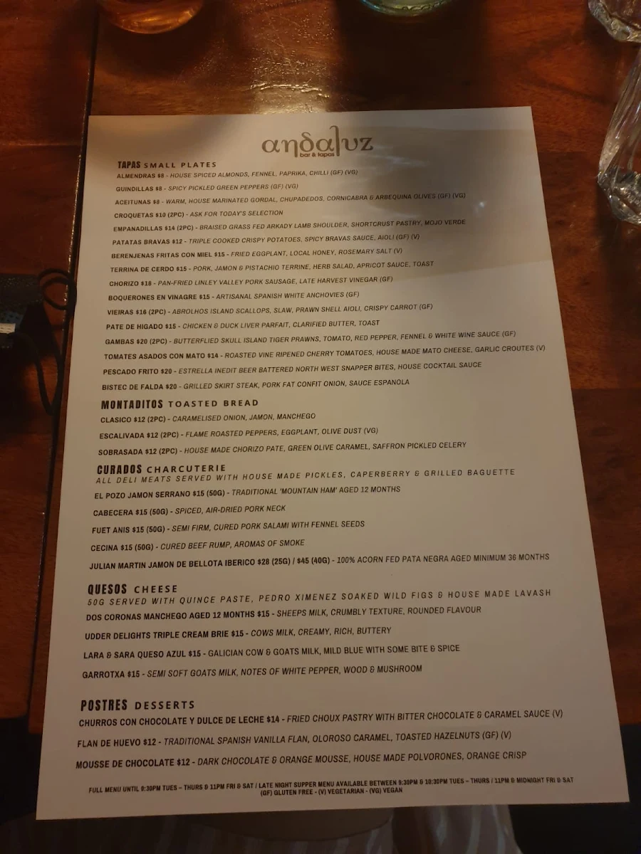 Menu, Andaluz Bar & Tapas