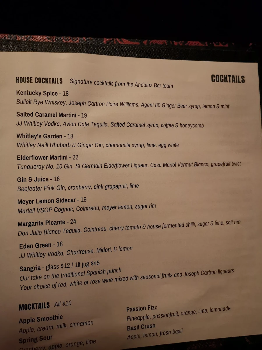 Menu, Andaluz Bar & Tapas