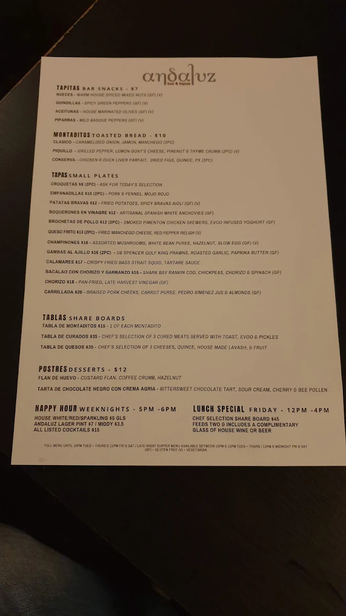 Menu, Andaluz Bar & Tapas