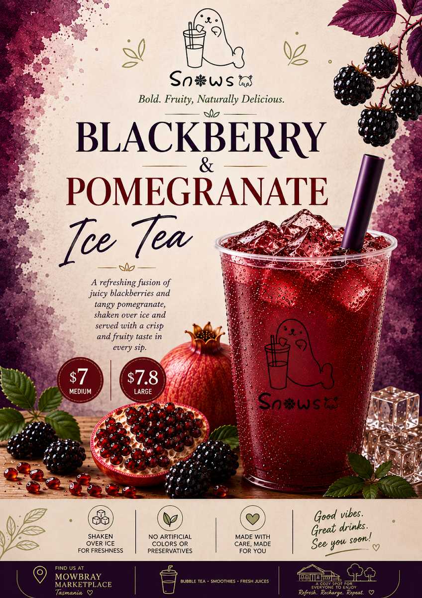 Menu, Snows Tea & Juice