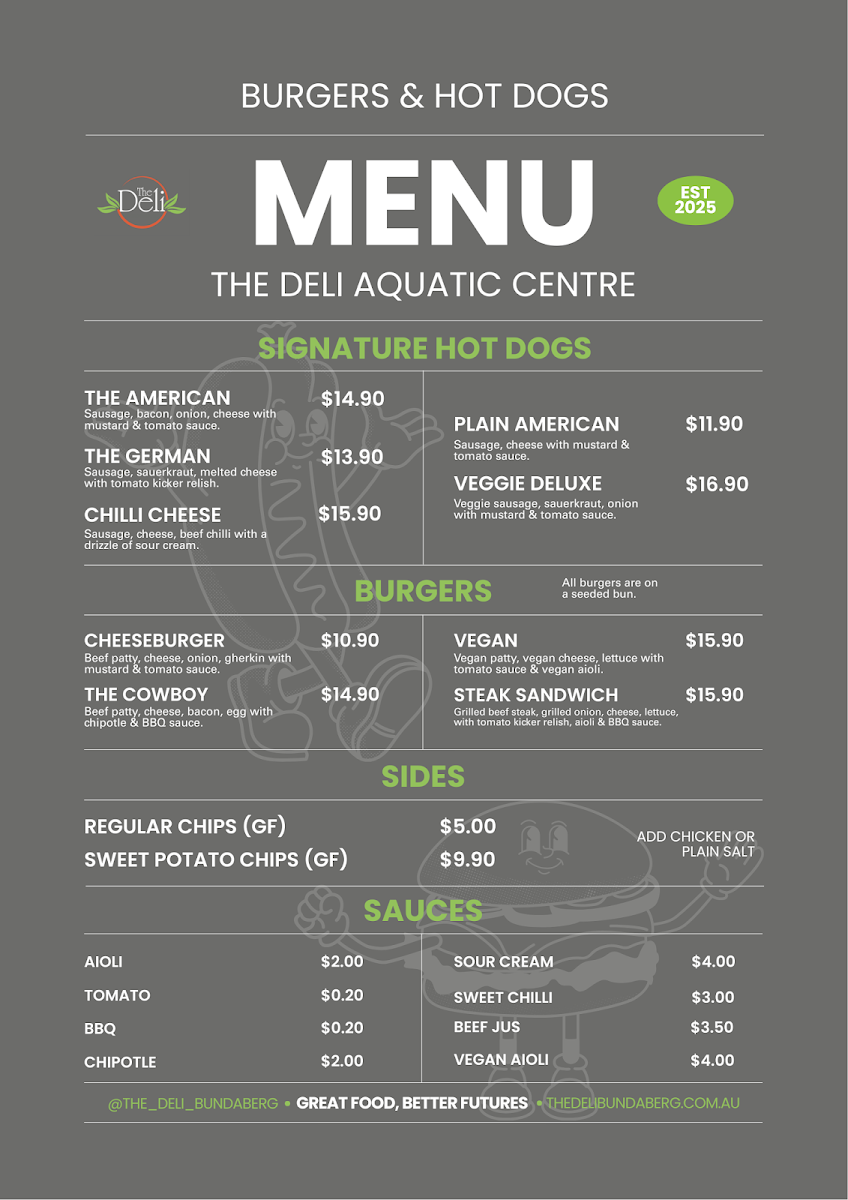 Menu, The Deli Aquatic Centre