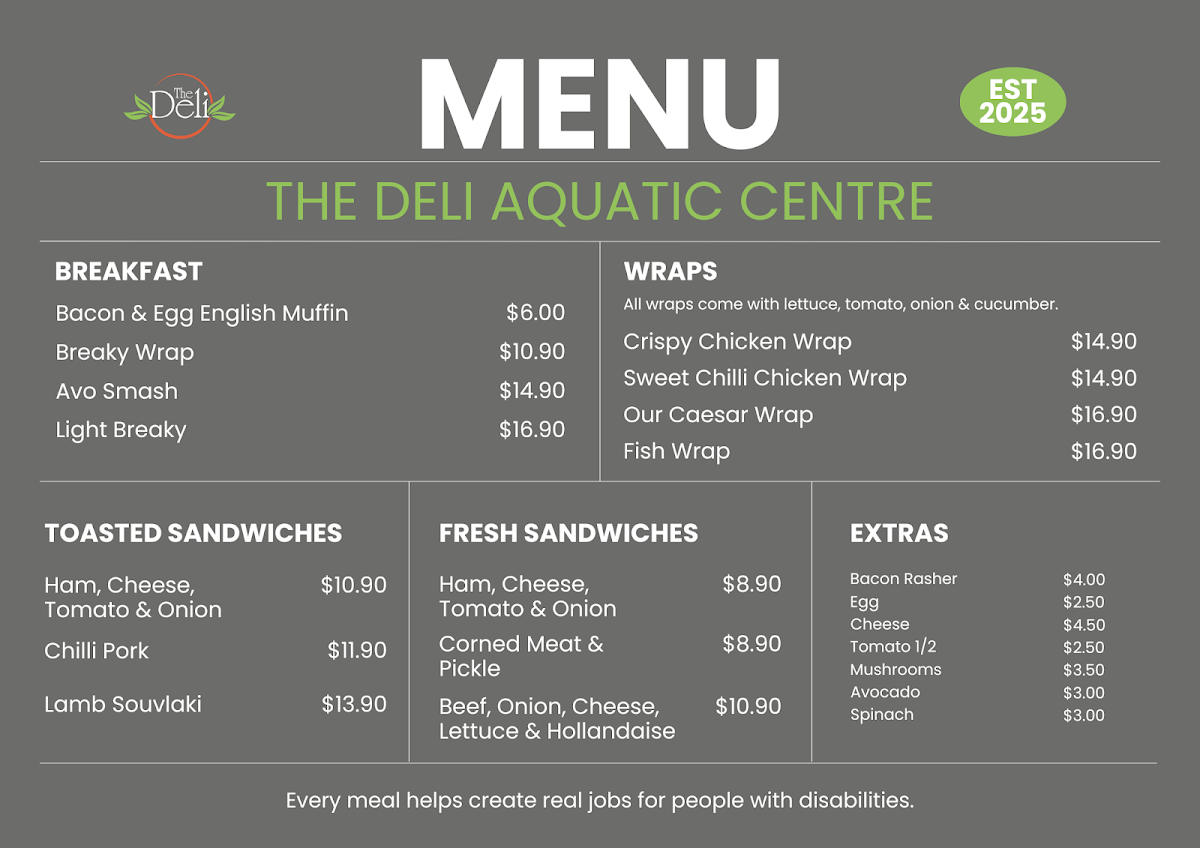 Menu, The Deli Aquatic Centre
