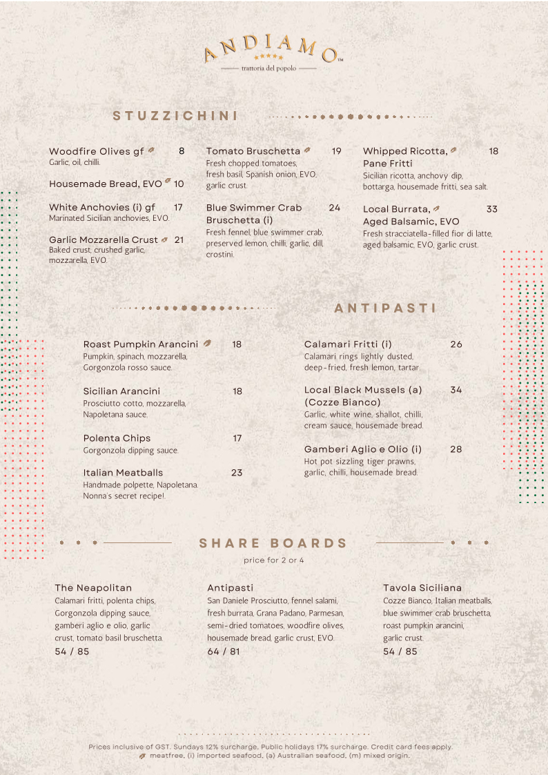 Menu, Andiamo Trattoria Summer Hill