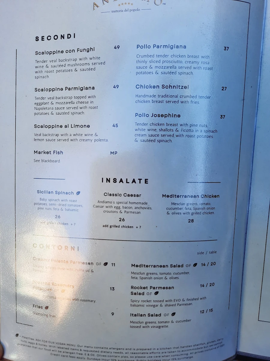 Menu, Andiamo Trattoria Summer Hill