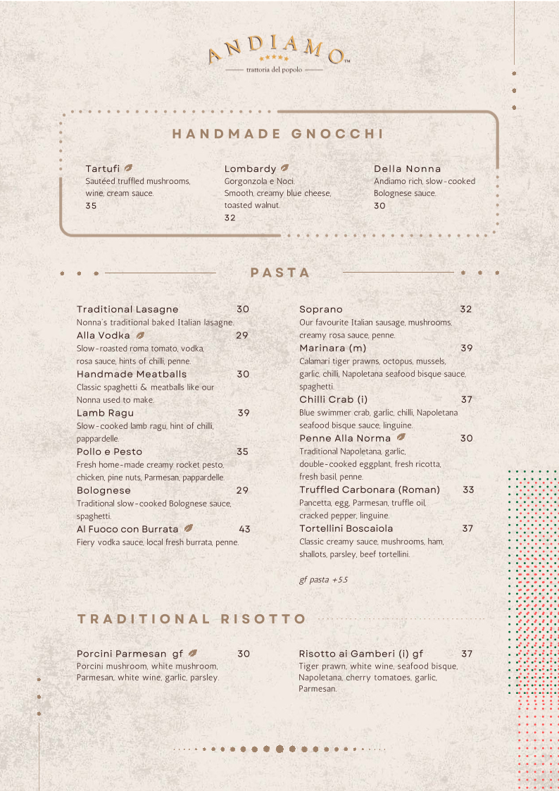 Menu, Andiamo Trattoria Summer Hill