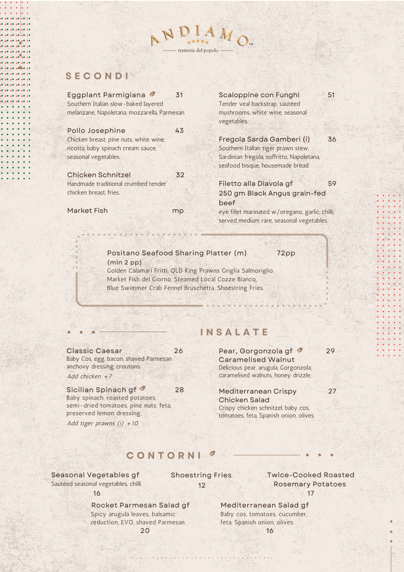 Menu, Andiamo Trattoria Summer Hill
