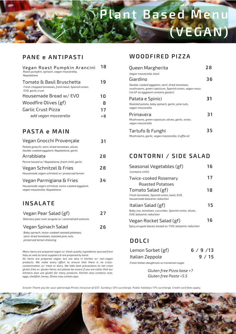 Menu, Andiamo Trattoria Summer Hill