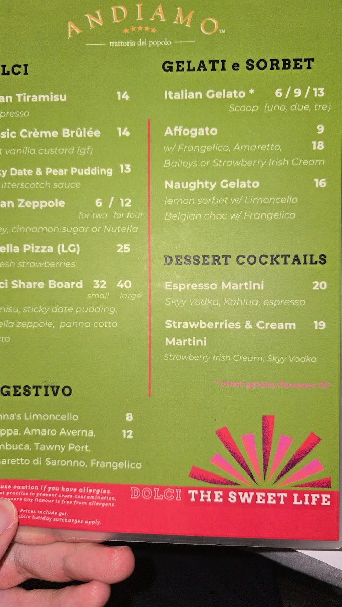 Menu, Andiamo Trattoria Summer Hill