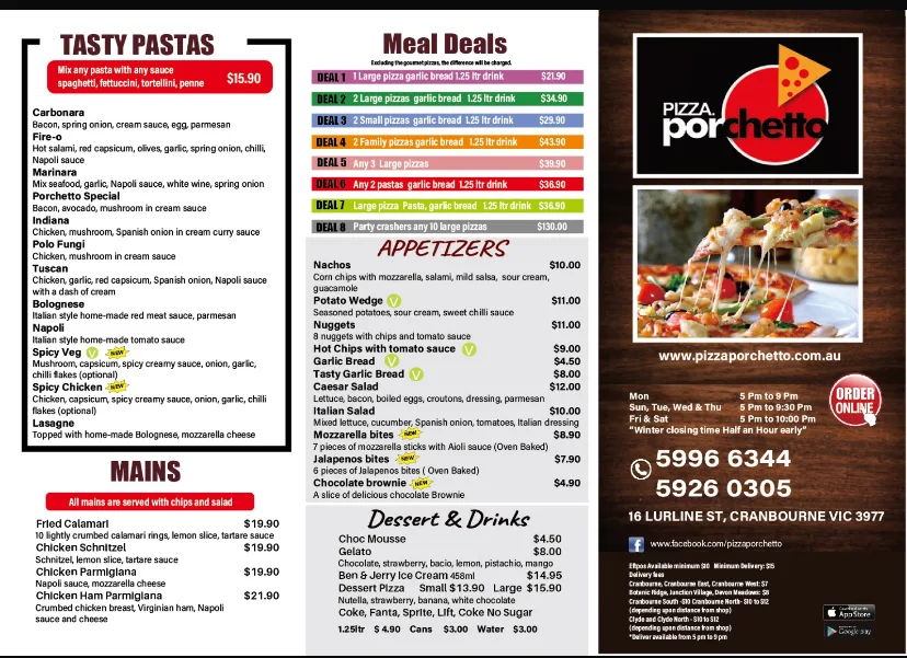 Menu, Pizza Porchetto Cranbourne