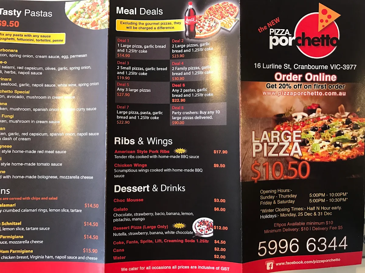 Menu, Pizza Porchetto Cranbourne