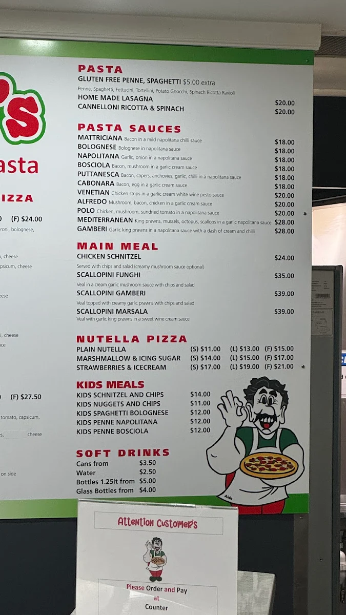 Menu, Aldos pizza & pasta Mcgraths Hill