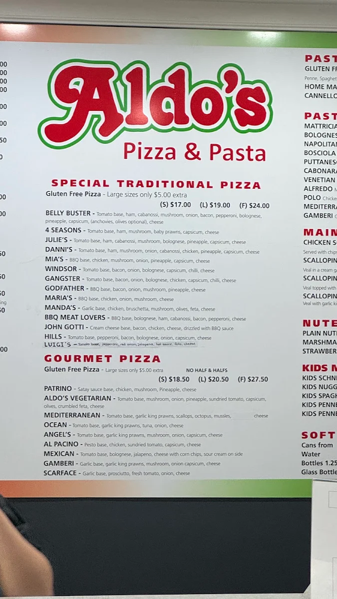 Menu, Aldos pizza & pasta Mcgraths Hill