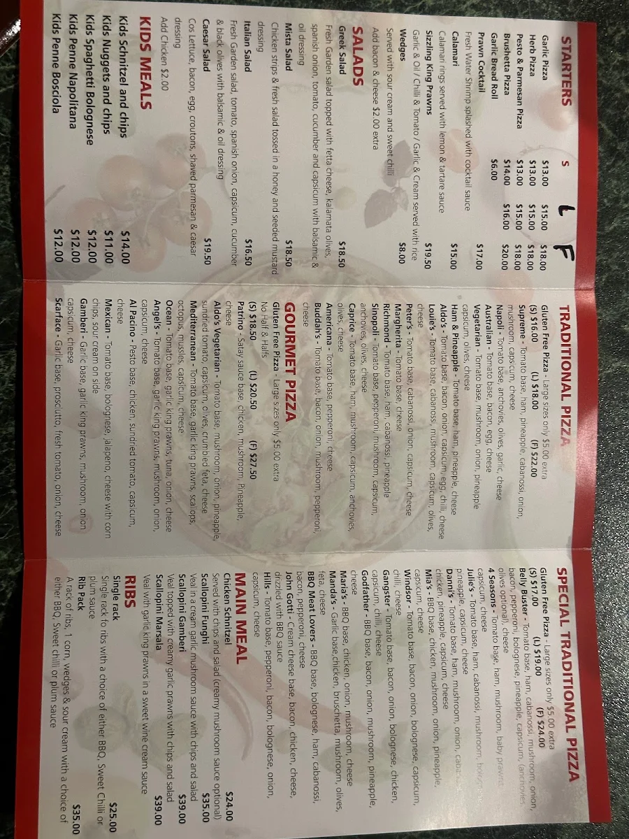 Menu, Aldos pizza & pasta Mcgraths Hill