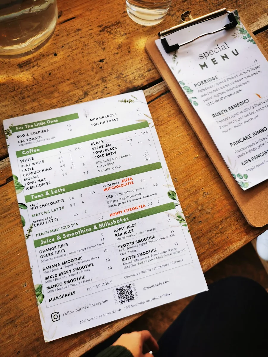 Menu, Willo Cafe