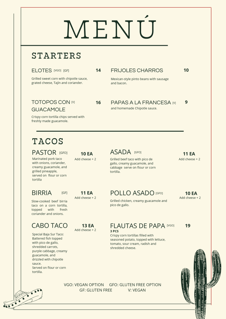 Menu, Cabo Taco