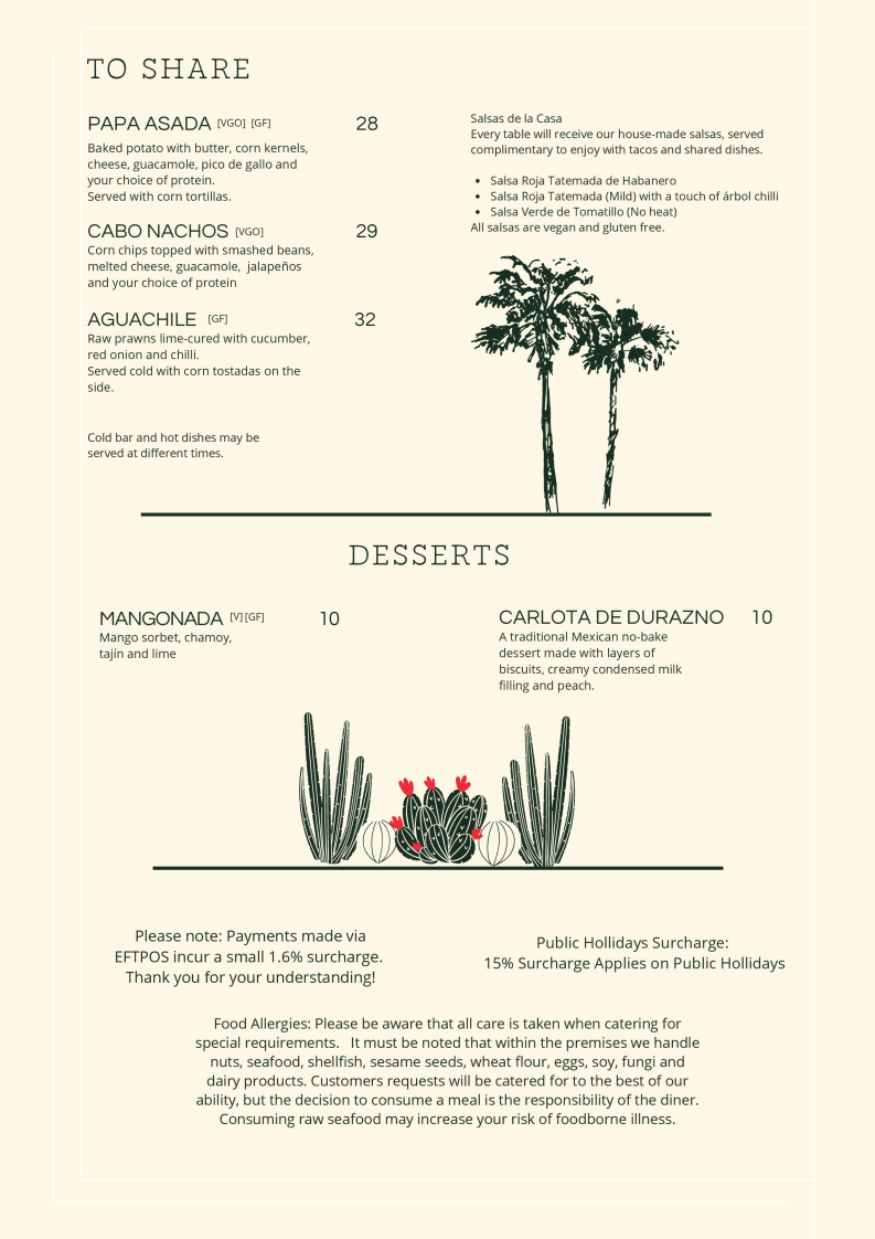 Menu, Cabo Taco