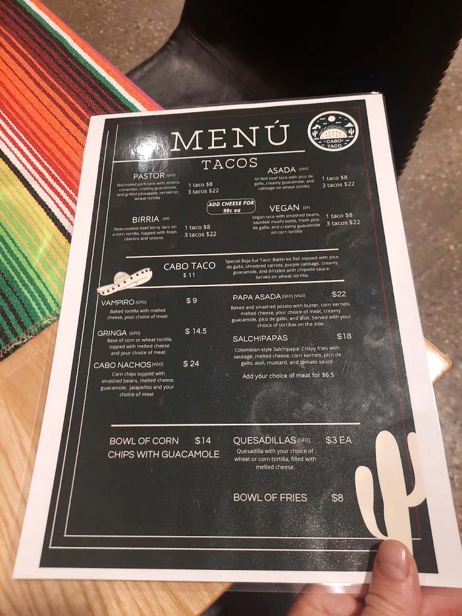 Menu, Cabo Taco