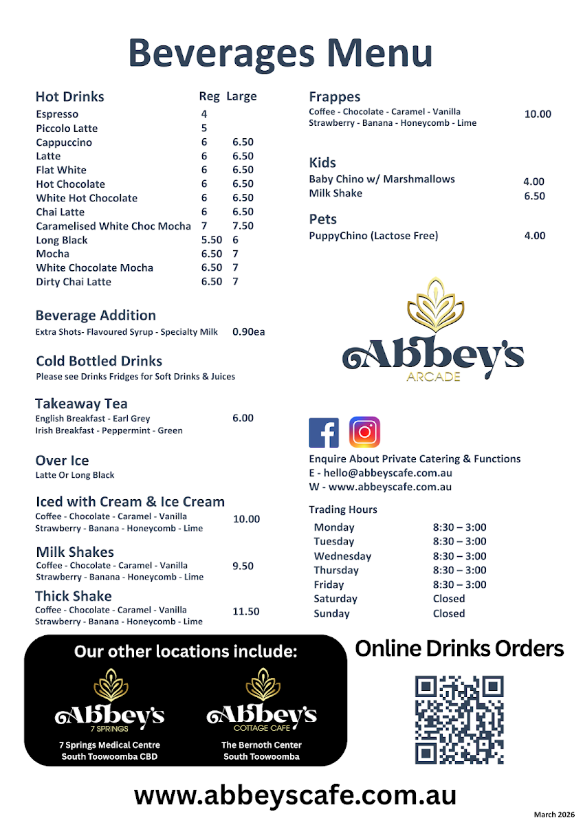 Menu, Abbey's Arcade Cafe
