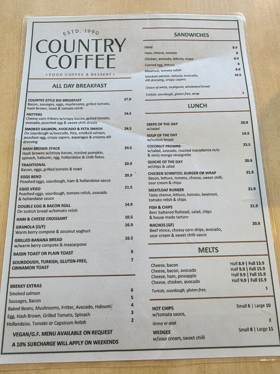 Menu, Country Coffee