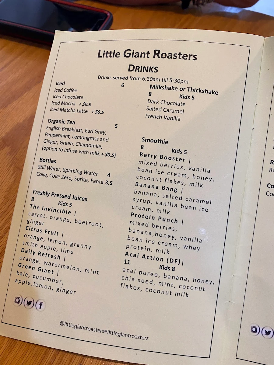 Menu, Little Giant Roasters Coffee House Willoughby