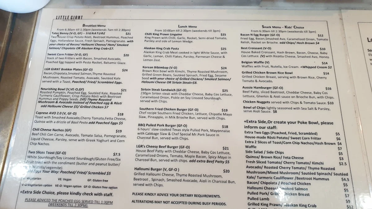 Menu, Little Giant Roasters Coffee House Willoughby