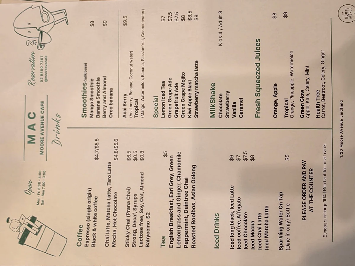 Menu, 153 Moore Avenue Coffee