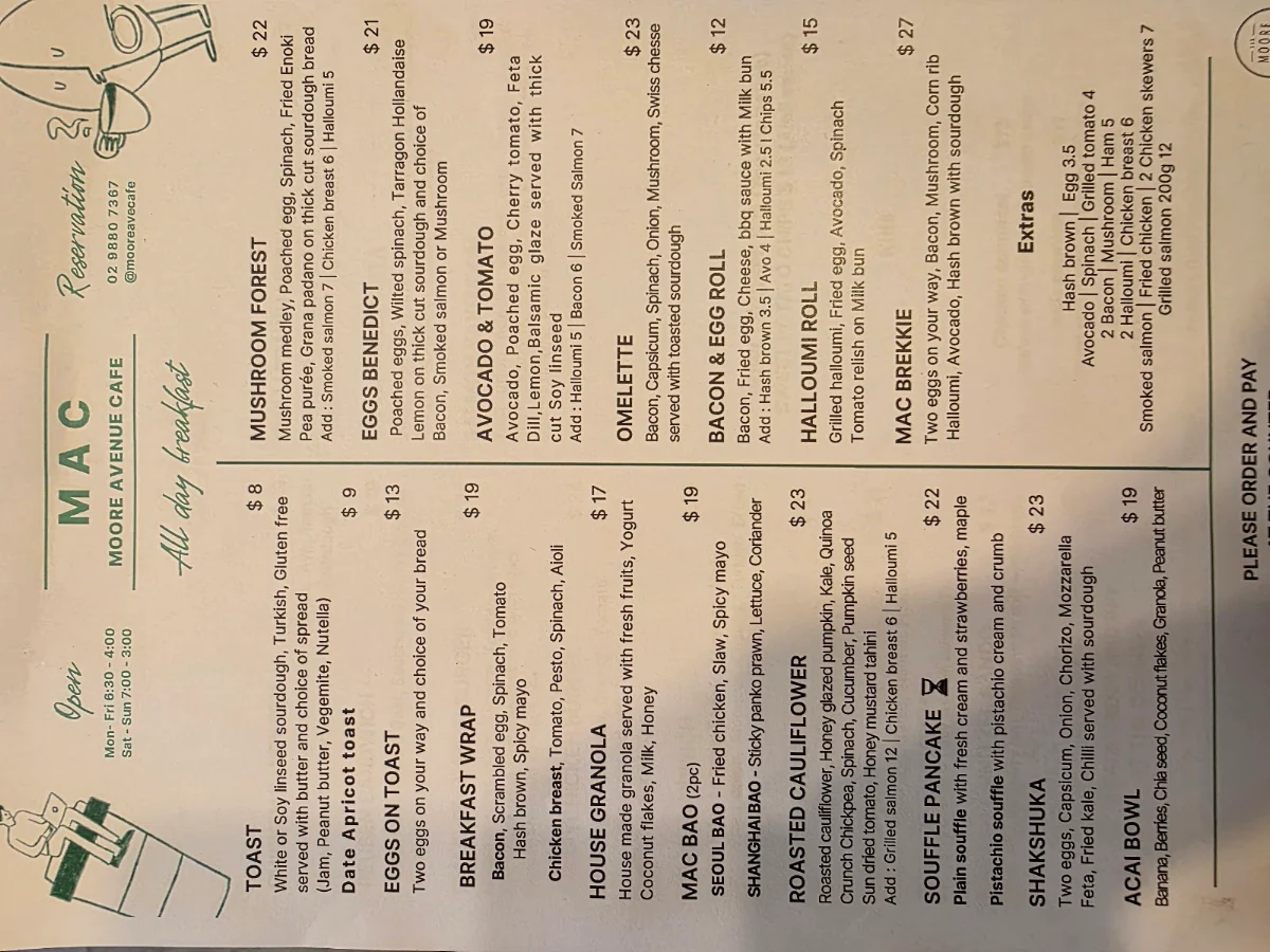 Menu, 153 Moore Avenue Coffee