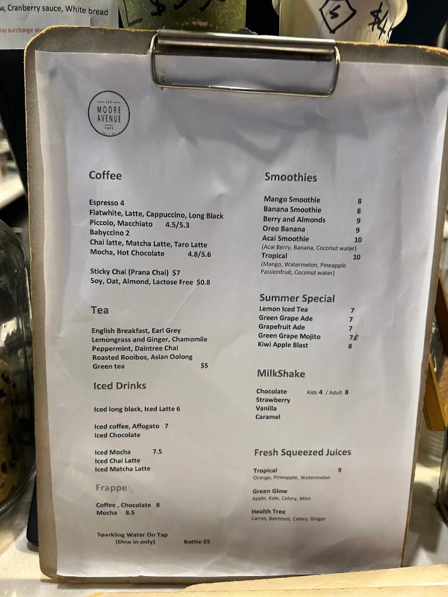 Menu, 153 Moore Avenue Coffee