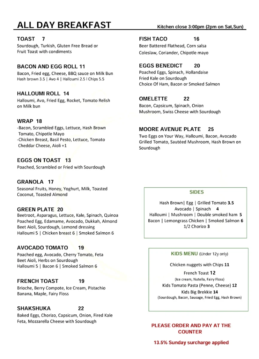 Menu, 153 Moore Avenue Coffee