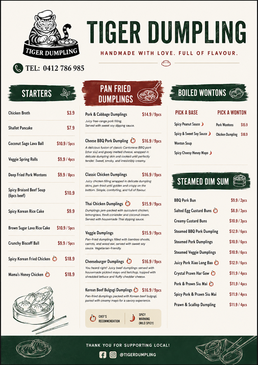 Menu, Tiger Dumpling House Waikiki