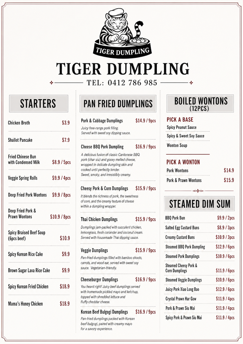 Menu, Tiger Dumpling House Waikiki