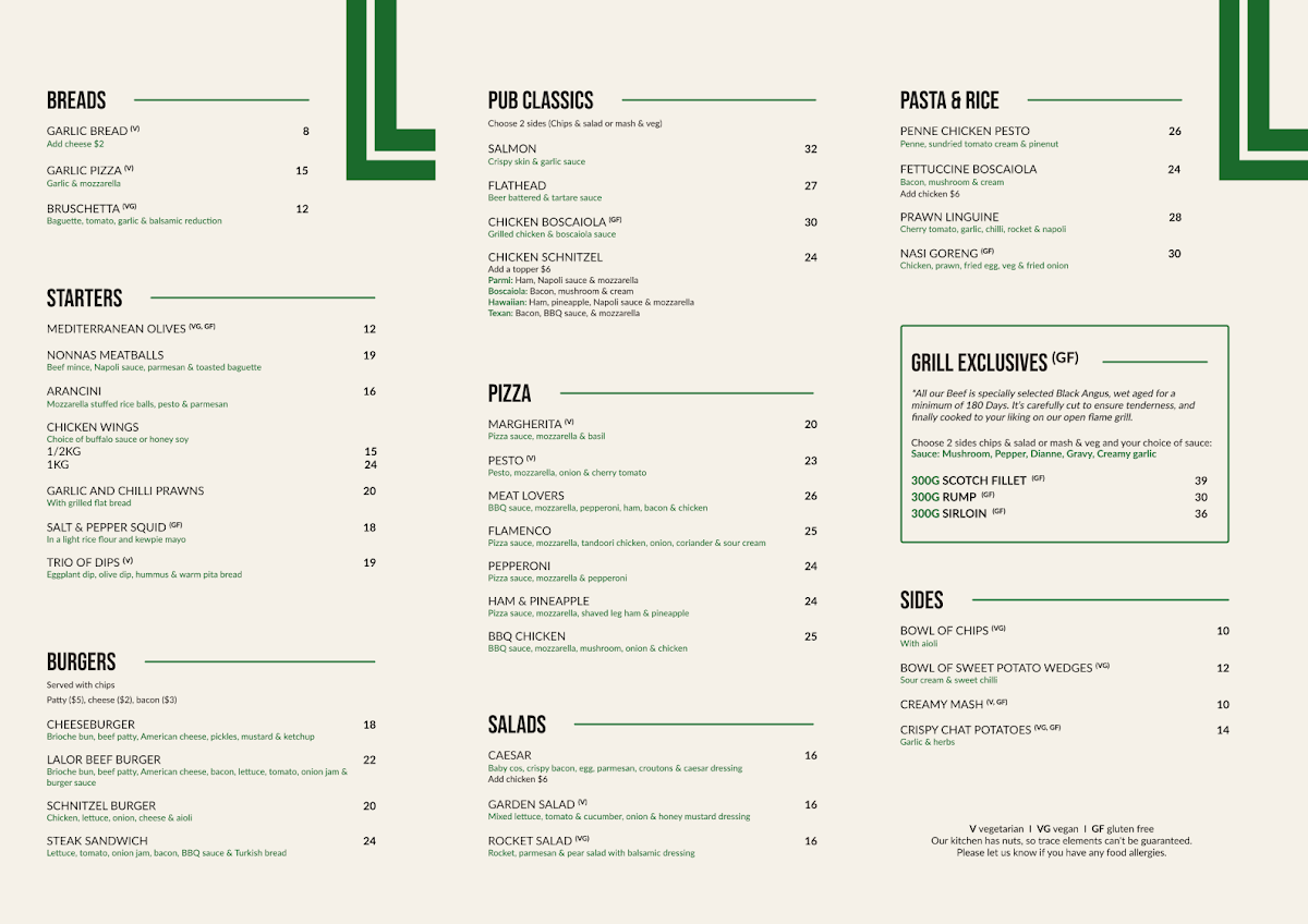 Menu, Lalor Park Hotel