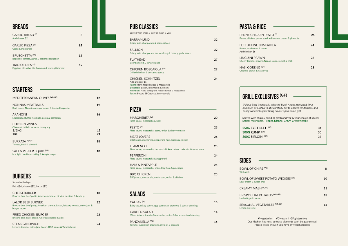 Menu, Lalor Park Hotel