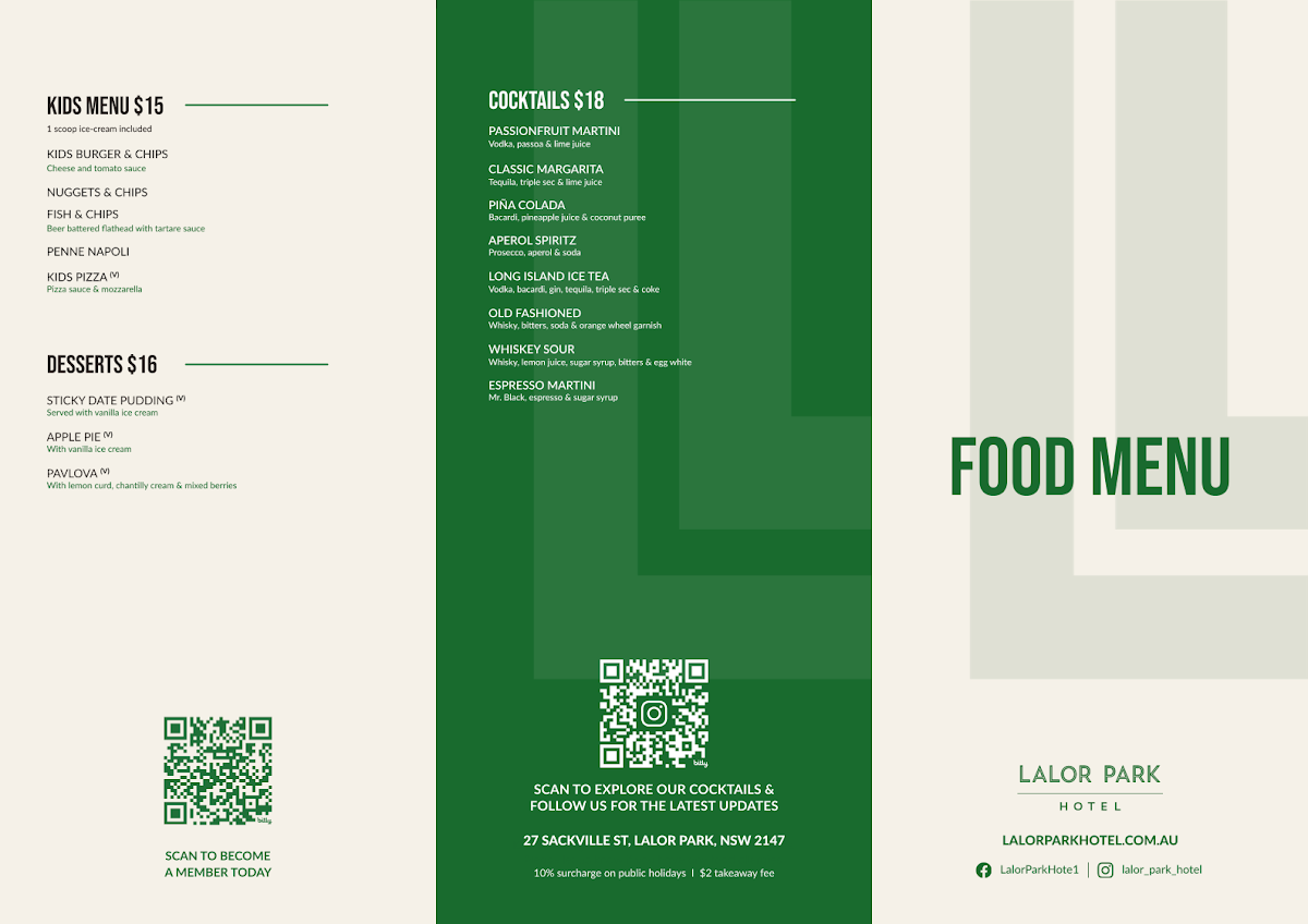 Menu, Lalor Park Hotel
