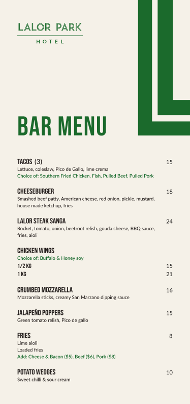 Menu, Lalor Park Hotel