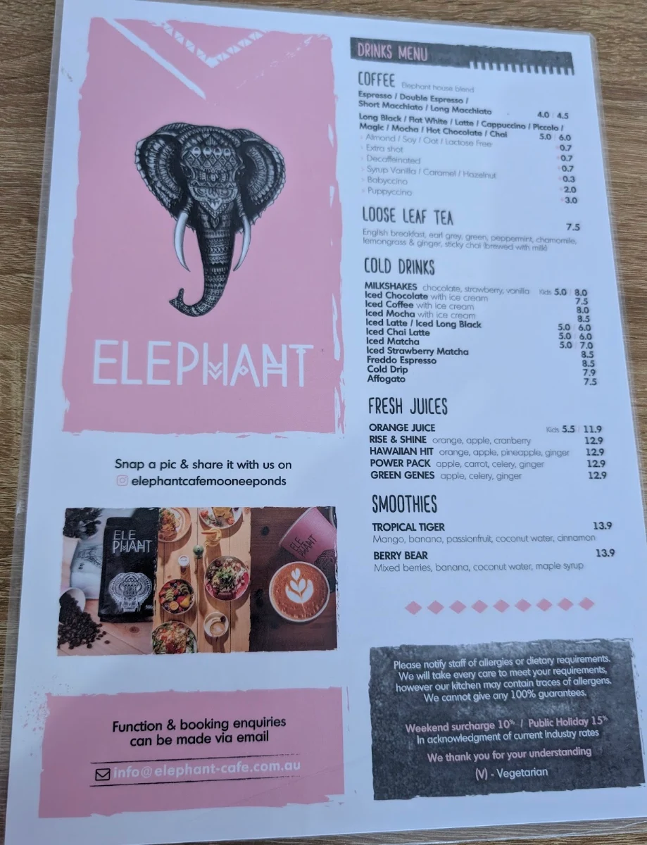 Menu, Elephant Cafe Moonee Ponds