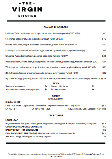 Menu, The Virgin Kitchen