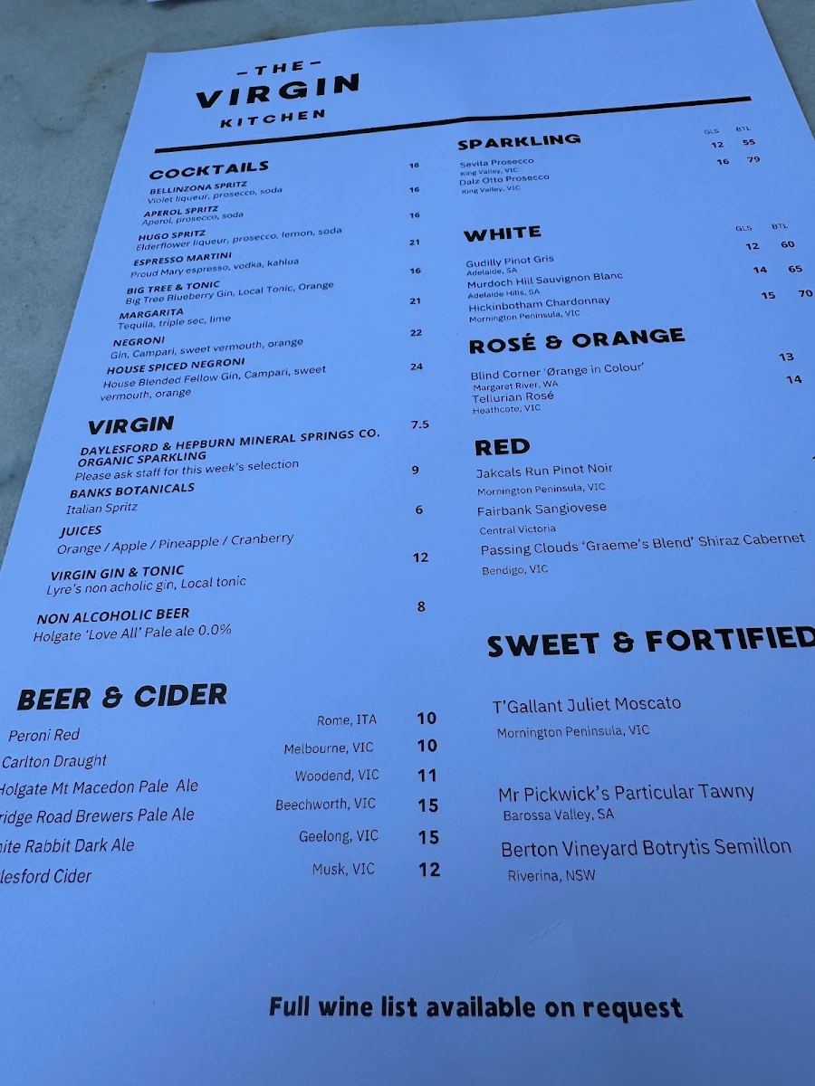 Menu, The Virgin Kitchen