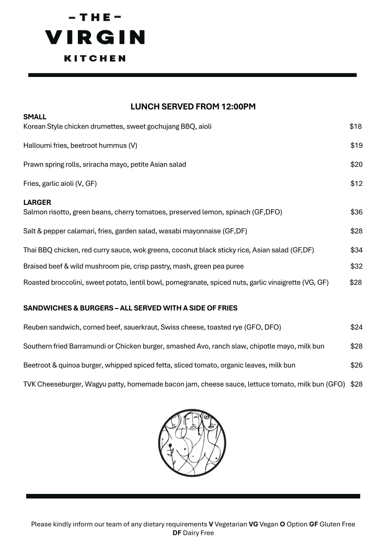 Menu, The Virgin Kitchen