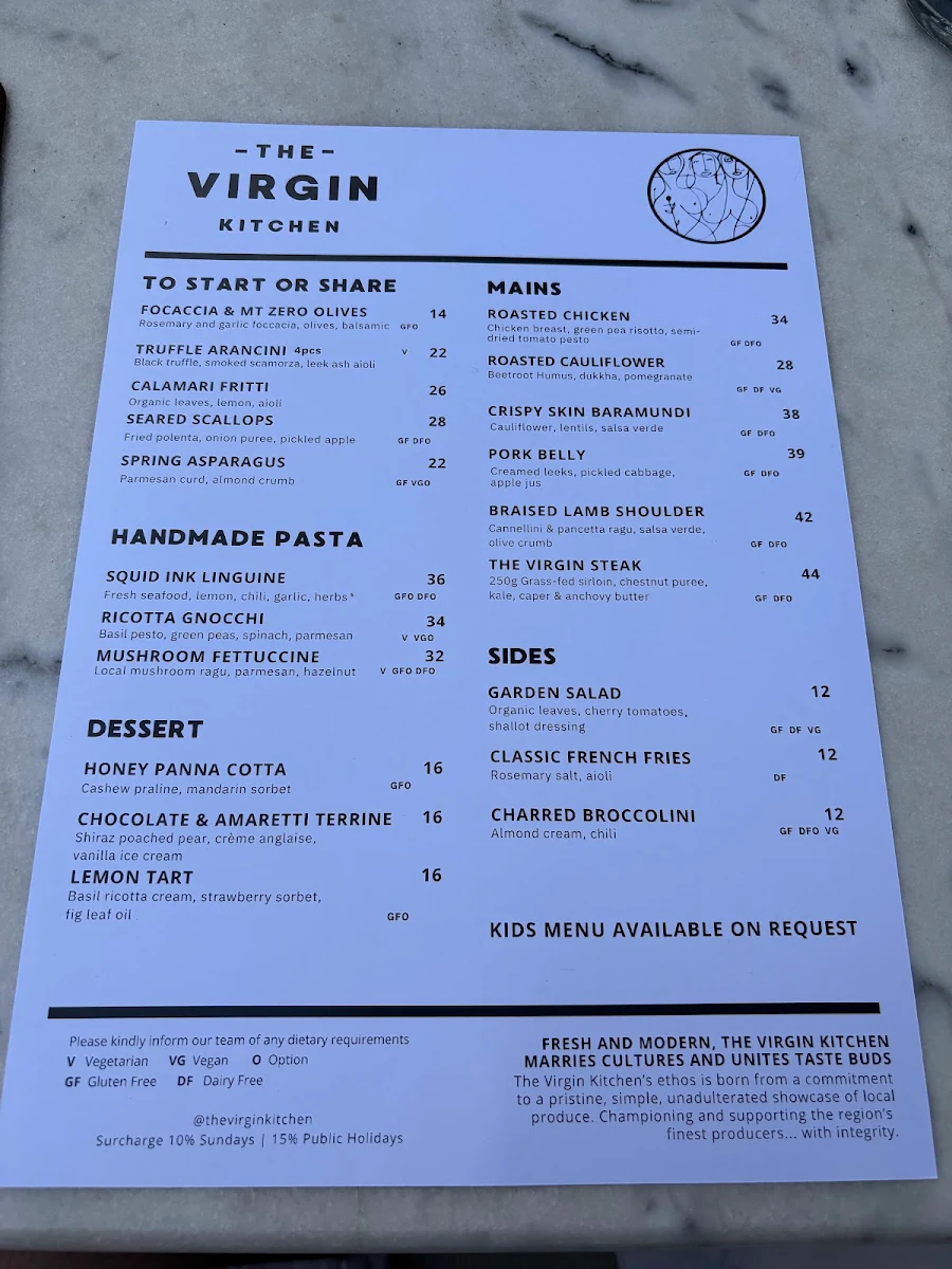 Menu, The Virgin Kitchen
