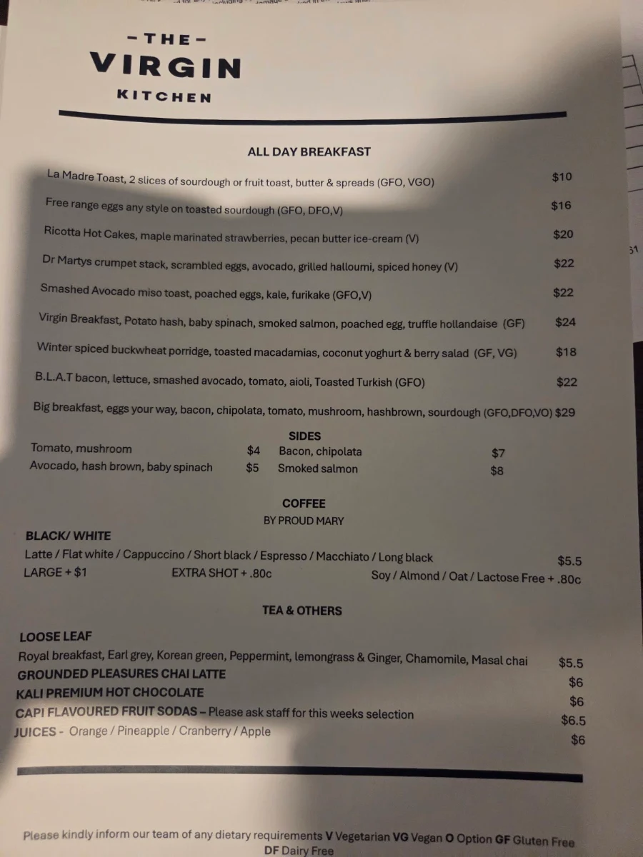 Menu, The Virgin Kitchen