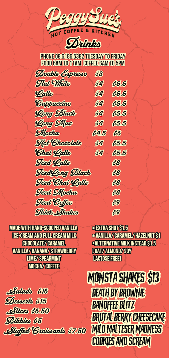 Menu, Peggy Sue's Hot Coffee and Kitchen