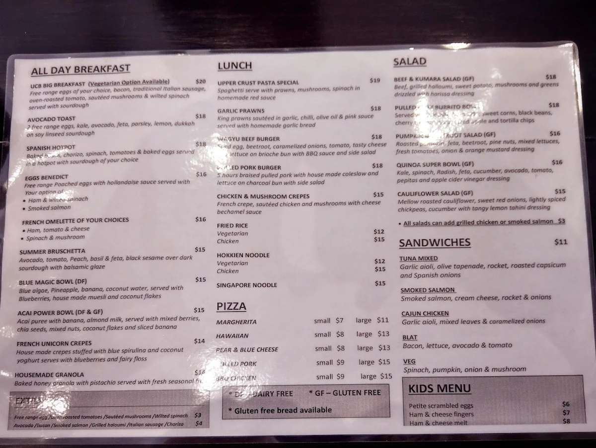 Menu, Upper Crust Boulangerie