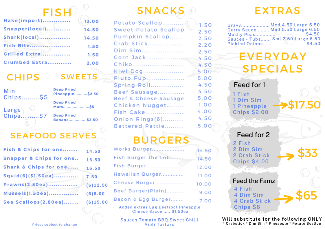 Menu, Off the Hook Fish N Chips