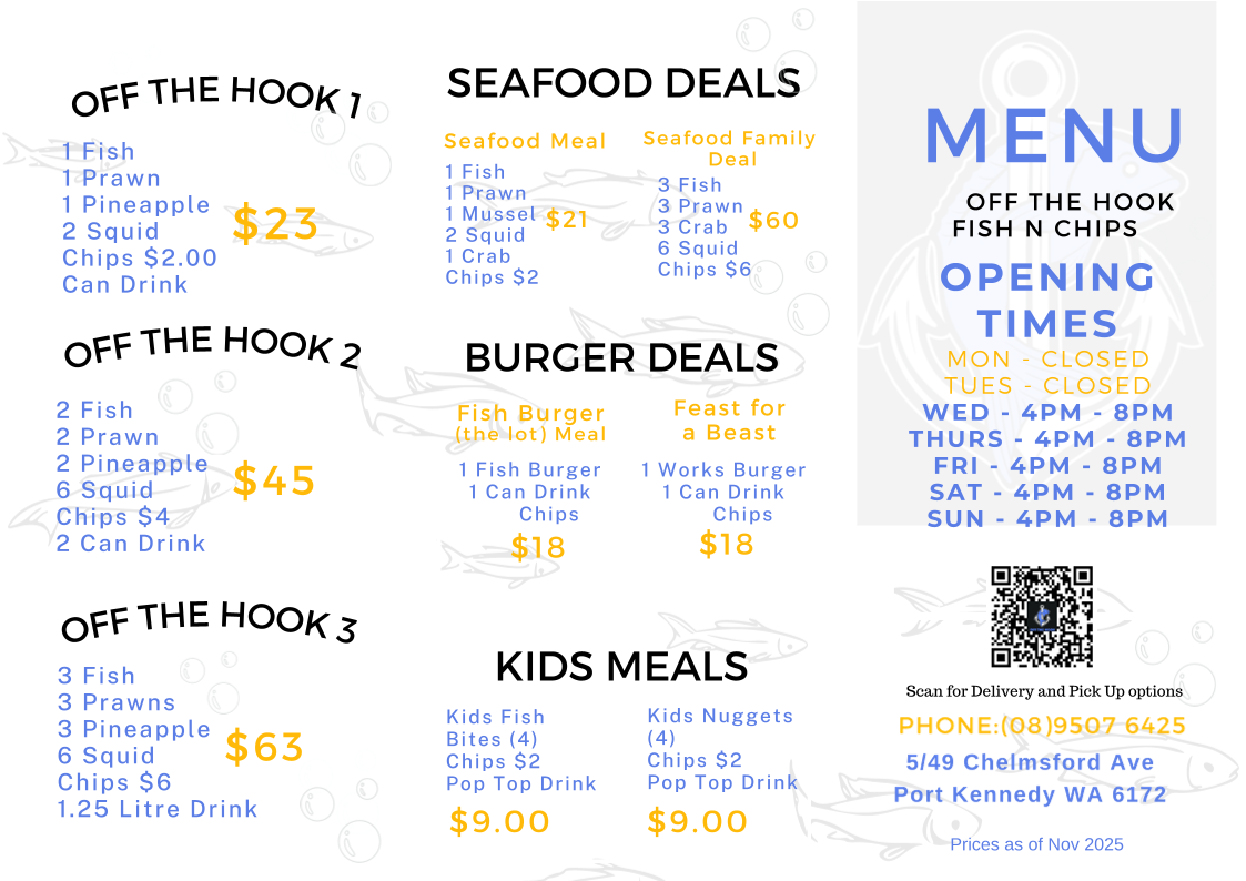 Menu, Off the Hook Fish N Chips