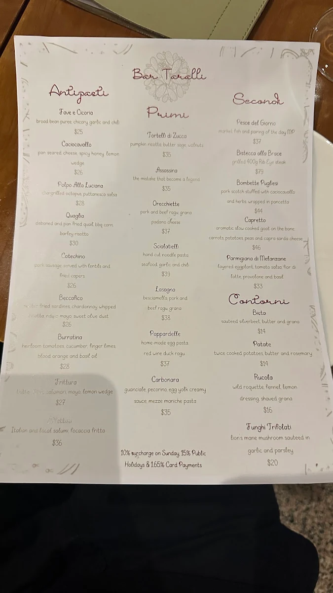 Menu, Bar Taralli