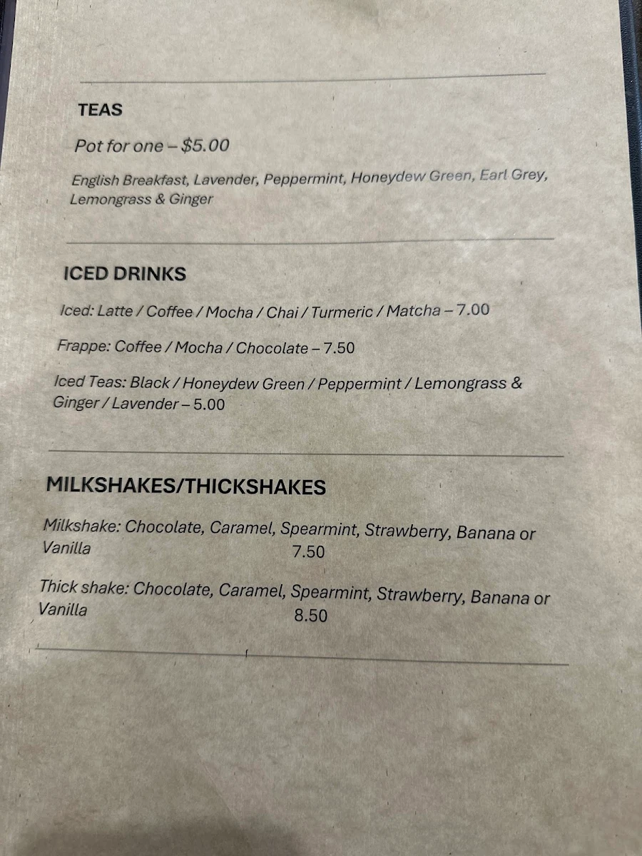 Menu, Scott Street Coffee House